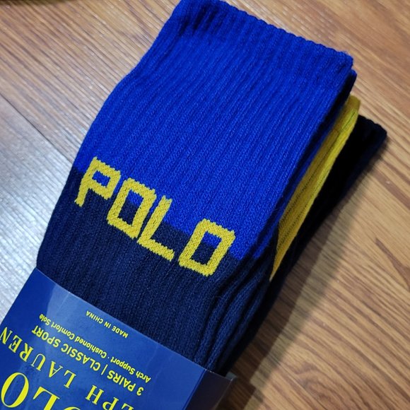 Polo Ralph Lauren Classic Sport Crew Sock 3-Pack Pair Yellow Navy Royal Blue - Picture 7 of 10